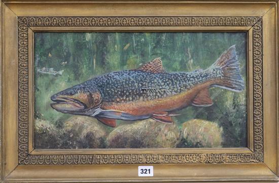 A pair of oils on board, fish on the sea bed, 26 x 45cm